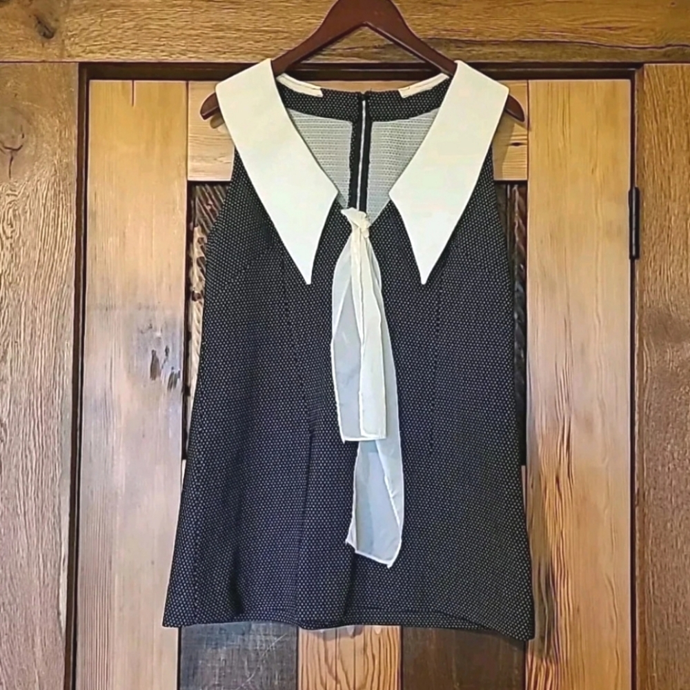 Vintage 60s 70s Handmade Black Double Knit Blouse Shirt White Collar Bow Med-Lrg